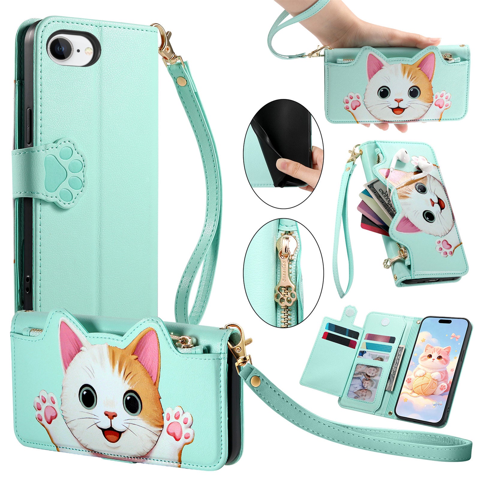 Til iPhone 16e / iPhone 17e Cover Sødt Katte-mønster PU Læder Pung Telefoncover med Håndrem