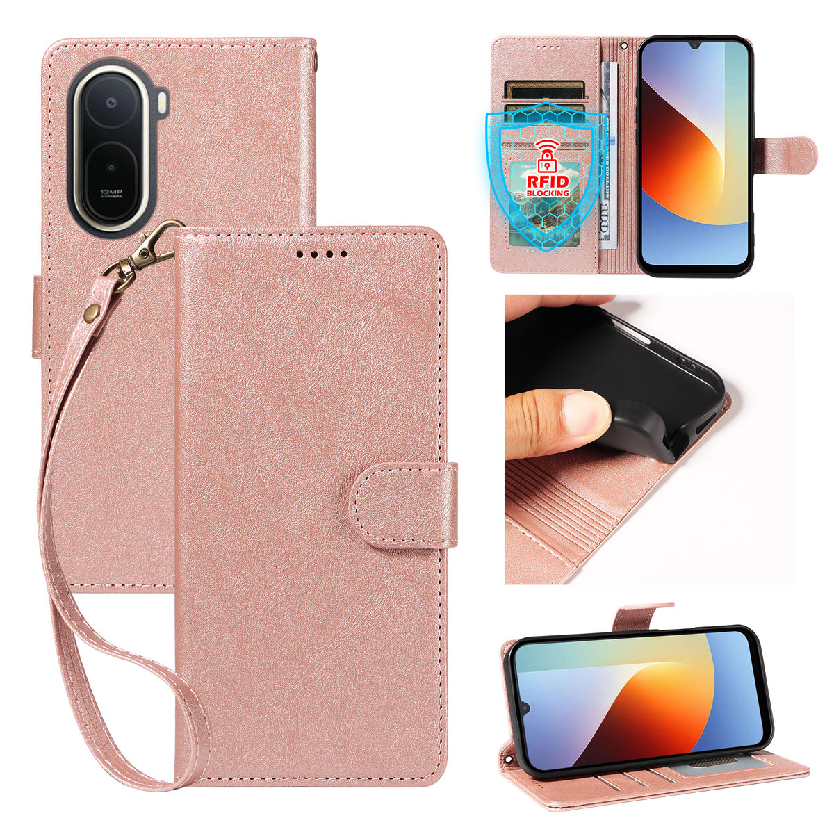 For Xiaomi Redmi A7 Pro 4G (171.56mm) Case with Wrist Strap RFID Blocking Wallet Cowhide Texture Leather Phone Cover