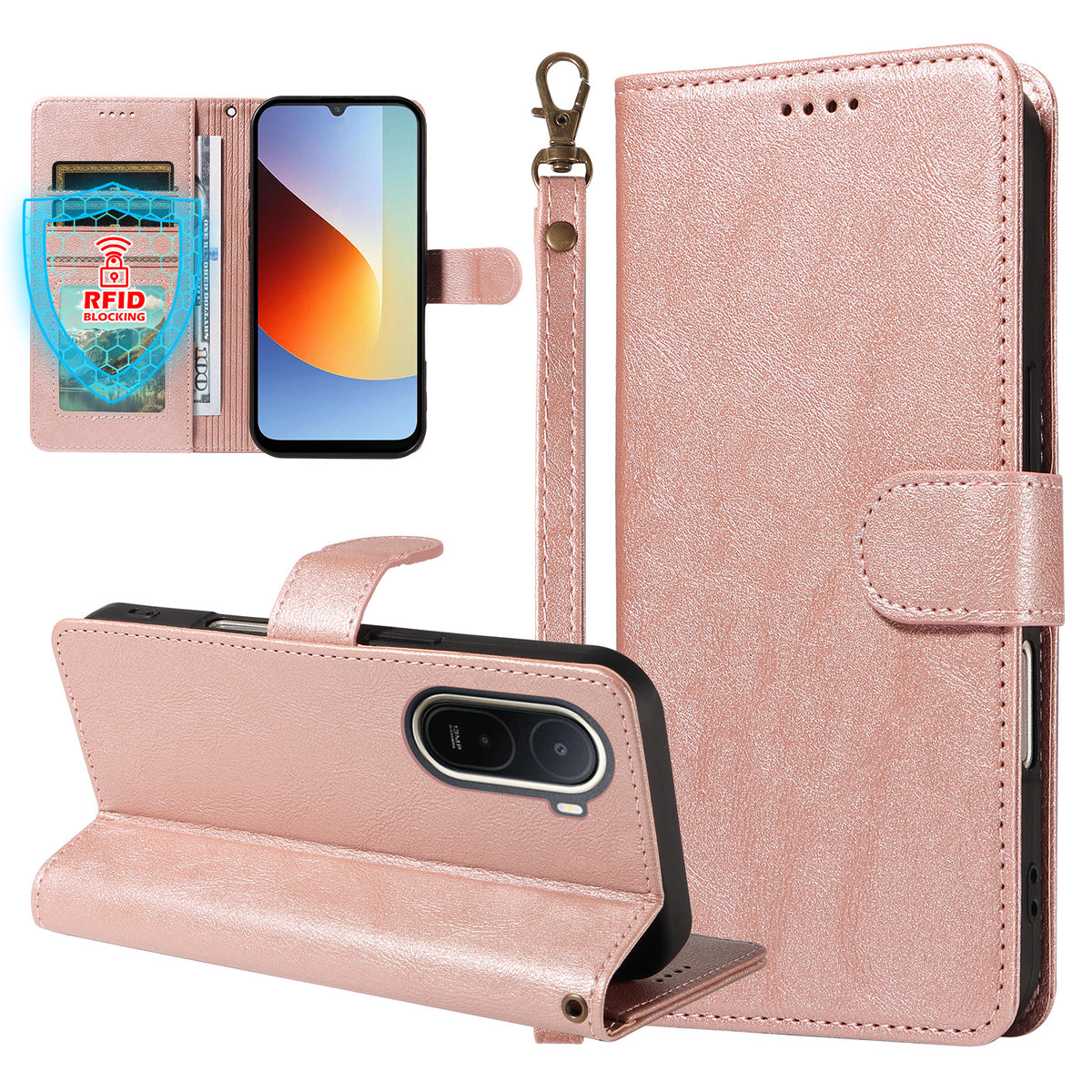 For Xiaomi Redmi A7 Pro 4G (171.56mm) Case with Wrist Strap RFID Blocking Wallet Cowhide Texture Leather Phone Cover