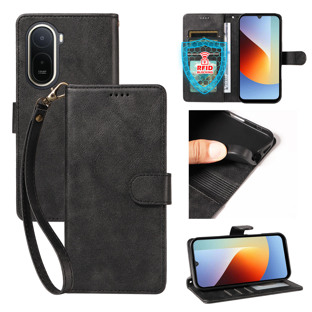 For Xiaomi Redmi A7 Pro 4G (171.56mm) Case with Wrist Strap RFID Blocking Wallet Cowhide Texture Leather Phone Cover
