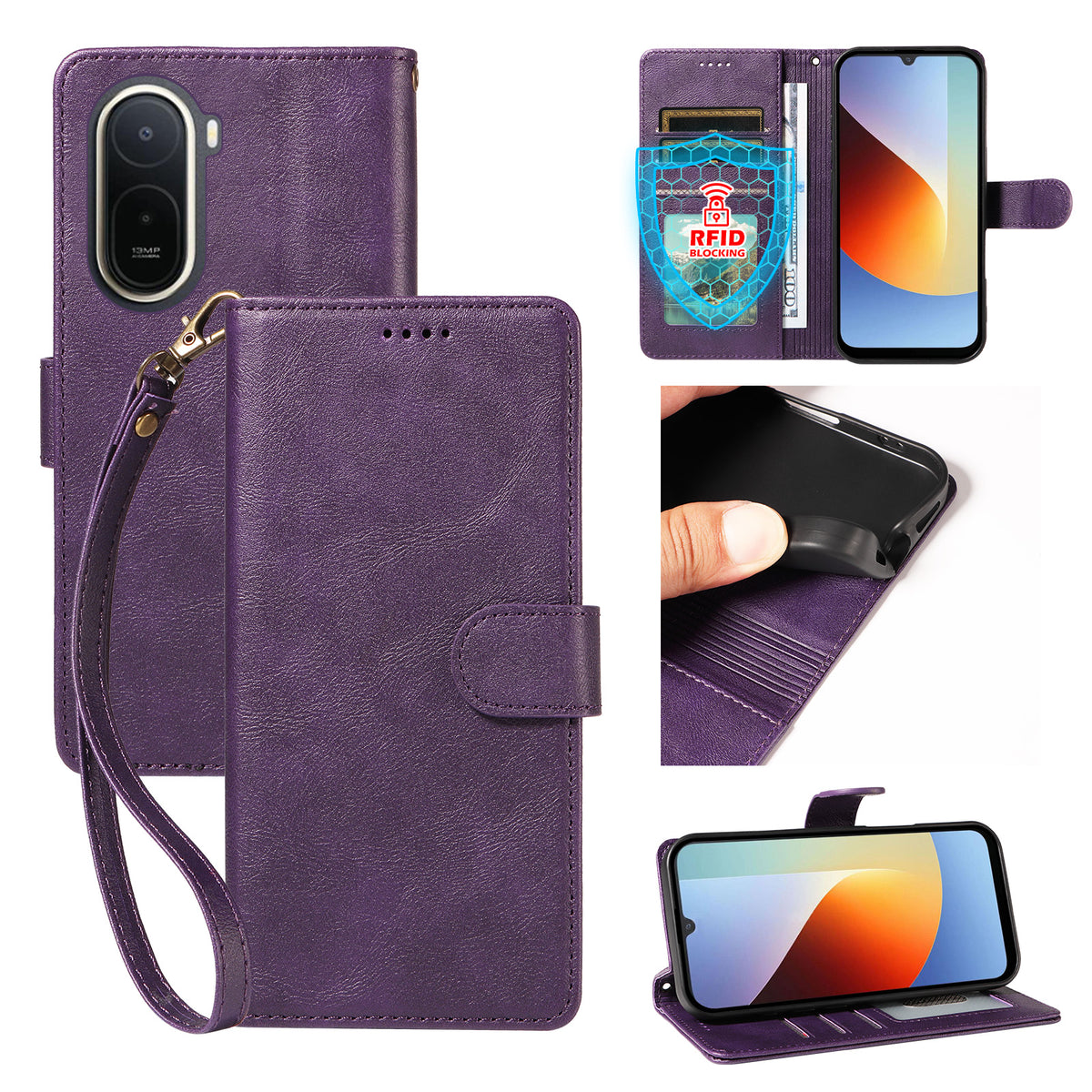 For Xiaomi Redmi A7 Pro 4G (171.56mm) Case with Wrist Strap RFID Blocking Wallet Cowhide Texture Leather Phone Cover