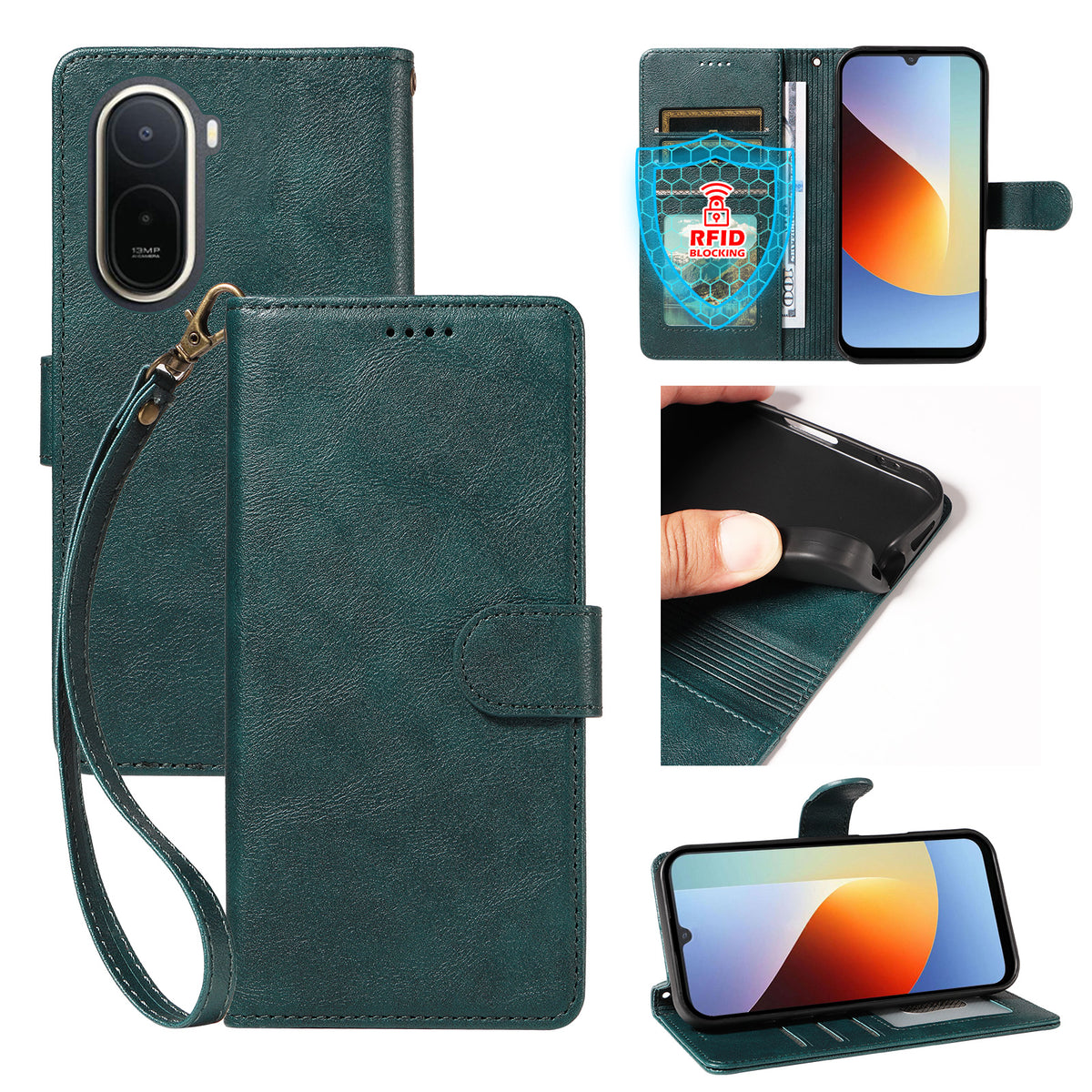 For Xiaomi Redmi A7 Pro 4G (171.56mm) Case with Wrist Strap RFID Blocking Wallet Cowhide Texture Leather Phone Cover