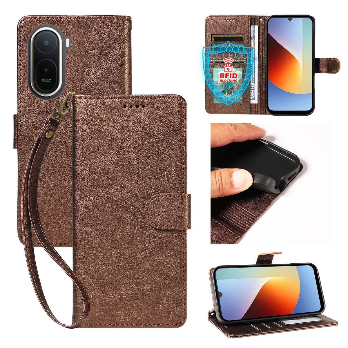 For Xiaomi Redmi A7 Pro 4G (171.56mm) Case with Wrist Strap RFID Blocking Wallet Cowhide Texture Leather Phone Cover
