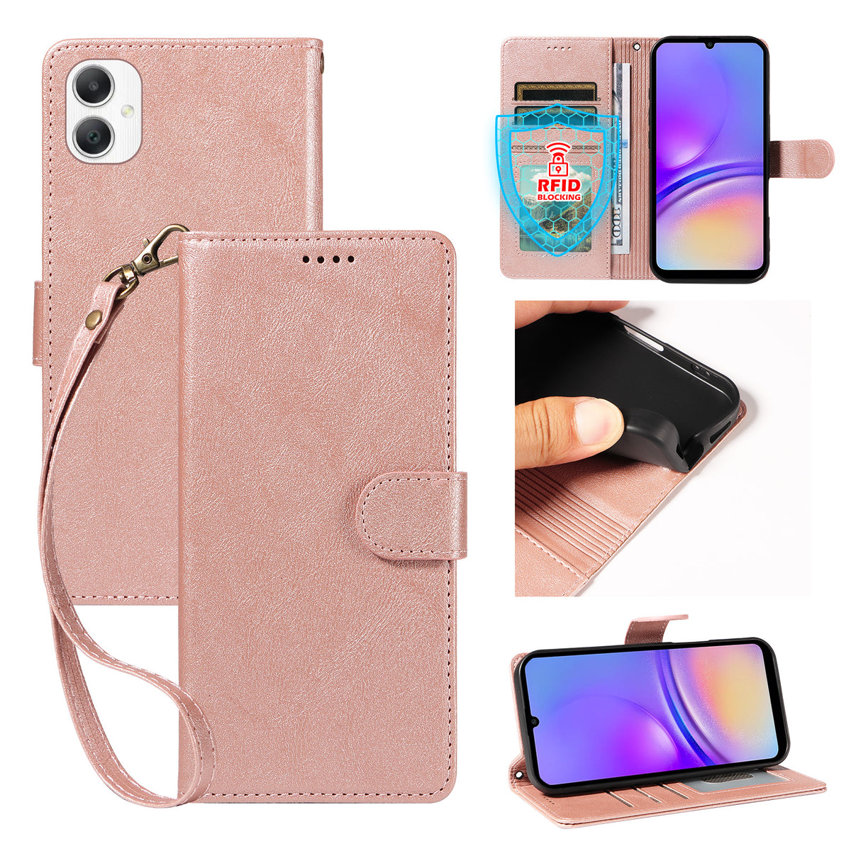 For Samsung Galaxy A08 5G / A08 4G / A07 5G / A06 5G / A06 4G Case with Wrist Strap RFID Blocking Wallet Cowhide Texture Leather Phone Cover