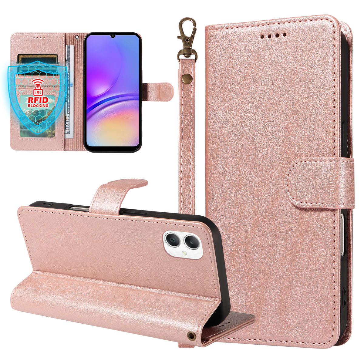 For Samsung Galaxy A08 5G / A08 4G / A07 5G / A06 5G / A06 4G Case with Wrist Strap RFID Blocking Wallet Cowhide Texture Leather Phone Cover