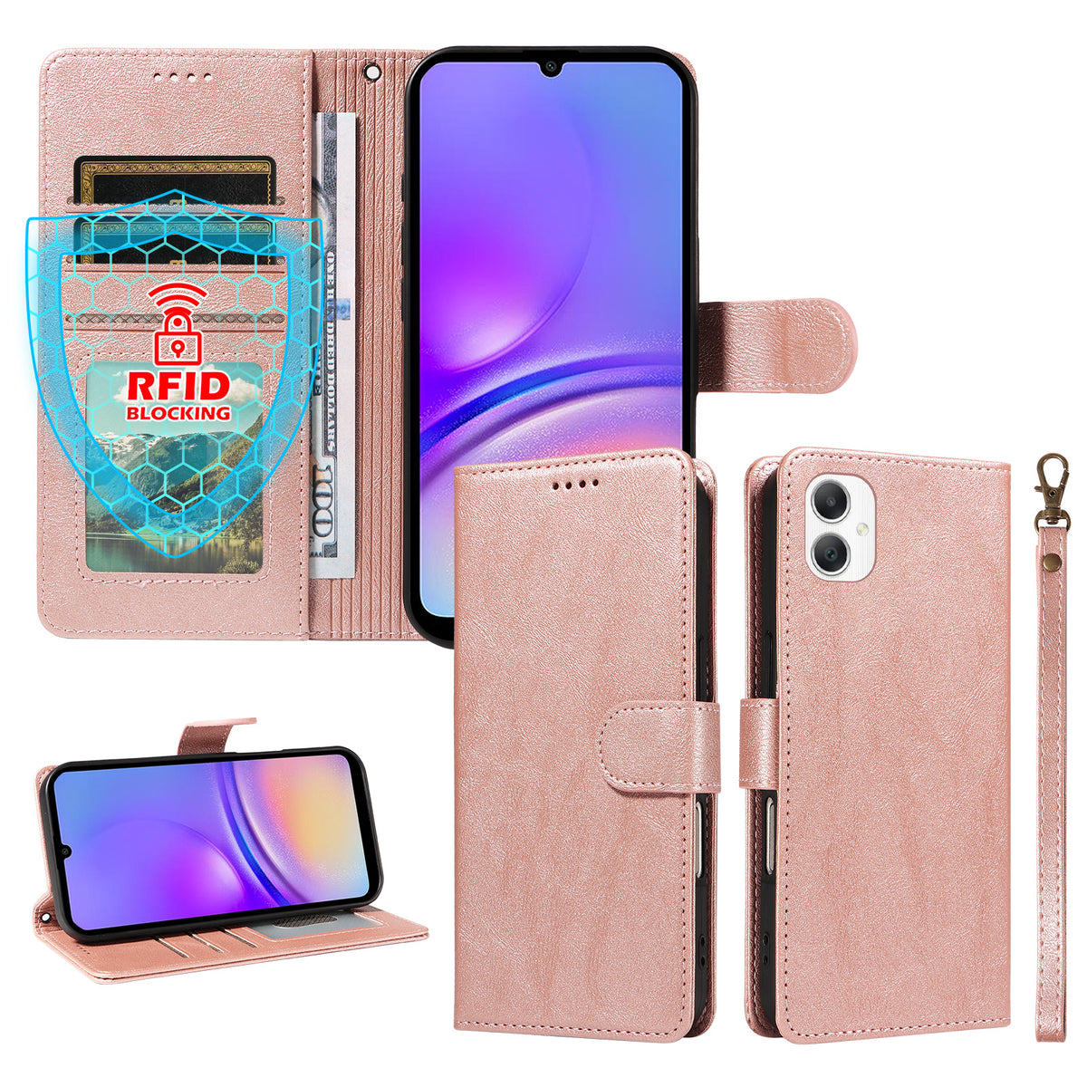 For Samsung Galaxy A08 5G / A08 4G / A07 5G / A06 5G / A06 4G Case with Wrist Strap RFID Blocking Wallet Cowhide Texture Leather Phone Cover
