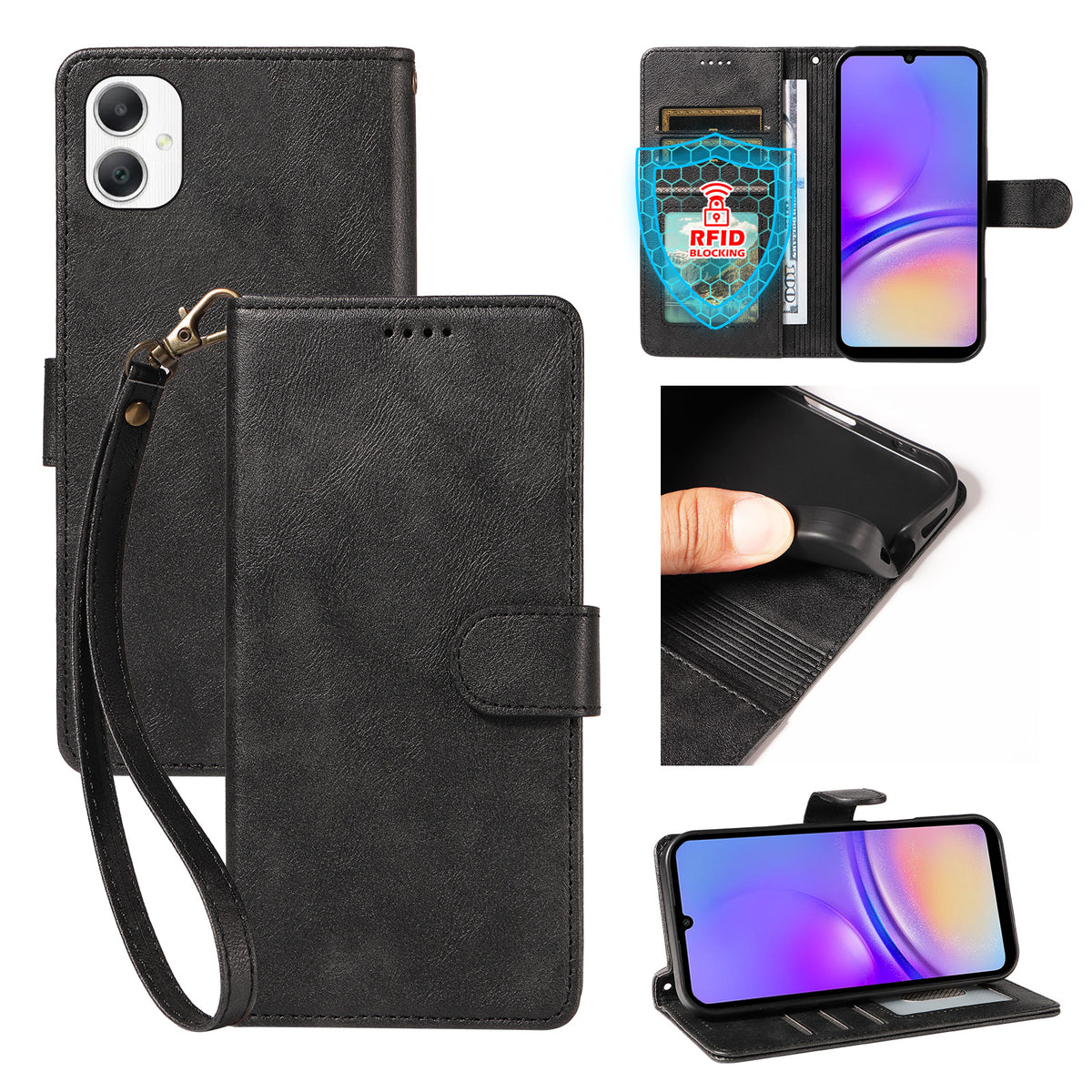 For Samsung Galaxy A08 5G / A08 4G / A07 5G / A06 5G / A06 4G Case with Wrist Strap RFID Blocking Wallet Cowhide Texture Leather Phone Cover