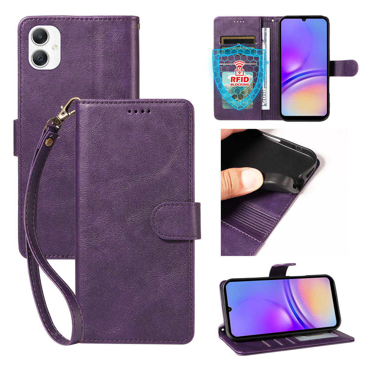 For Samsung Galaxy A08 5G / A08 4G / A07 5G / A06 5G / A06 4G Case with Wrist Strap RFID Blocking Wallet Cowhide Texture Leather Phone Cover