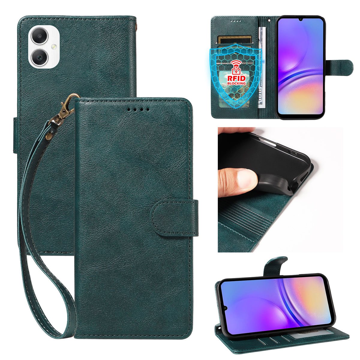For Samsung Galaxy A08 5G / A08 4G / A07 5G / A06 5G / A06 4G Case with Wrist Strap RFID Blocking Wallet Cowhide Texture Leather Phone Cover