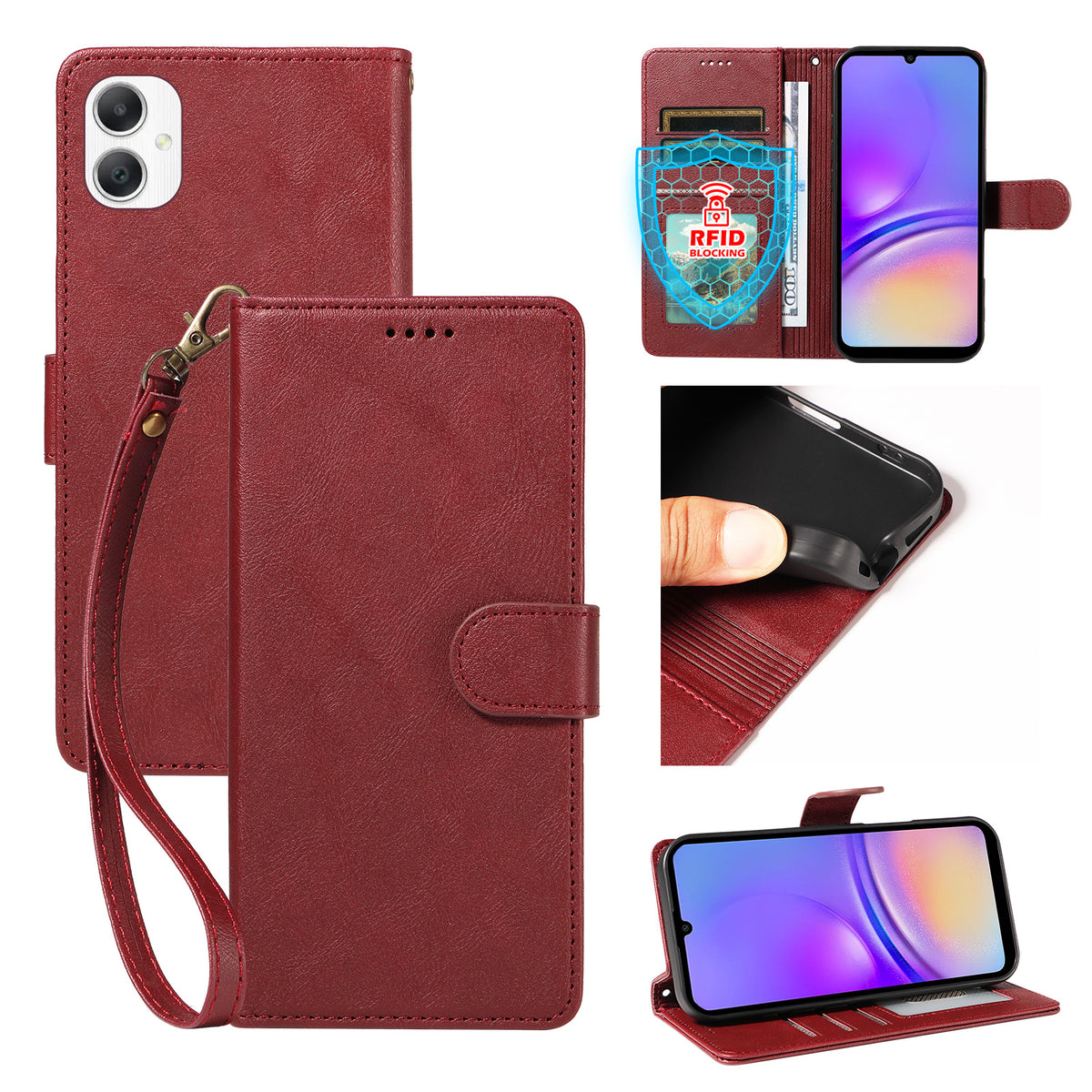 For Samsung Galaxy A08 5G / A08 4G / A07 5G / A06 5G / A06 4G Case with Wrist Strap RFID Blocking Wallet Cowhide Texture Leather Phone Cover