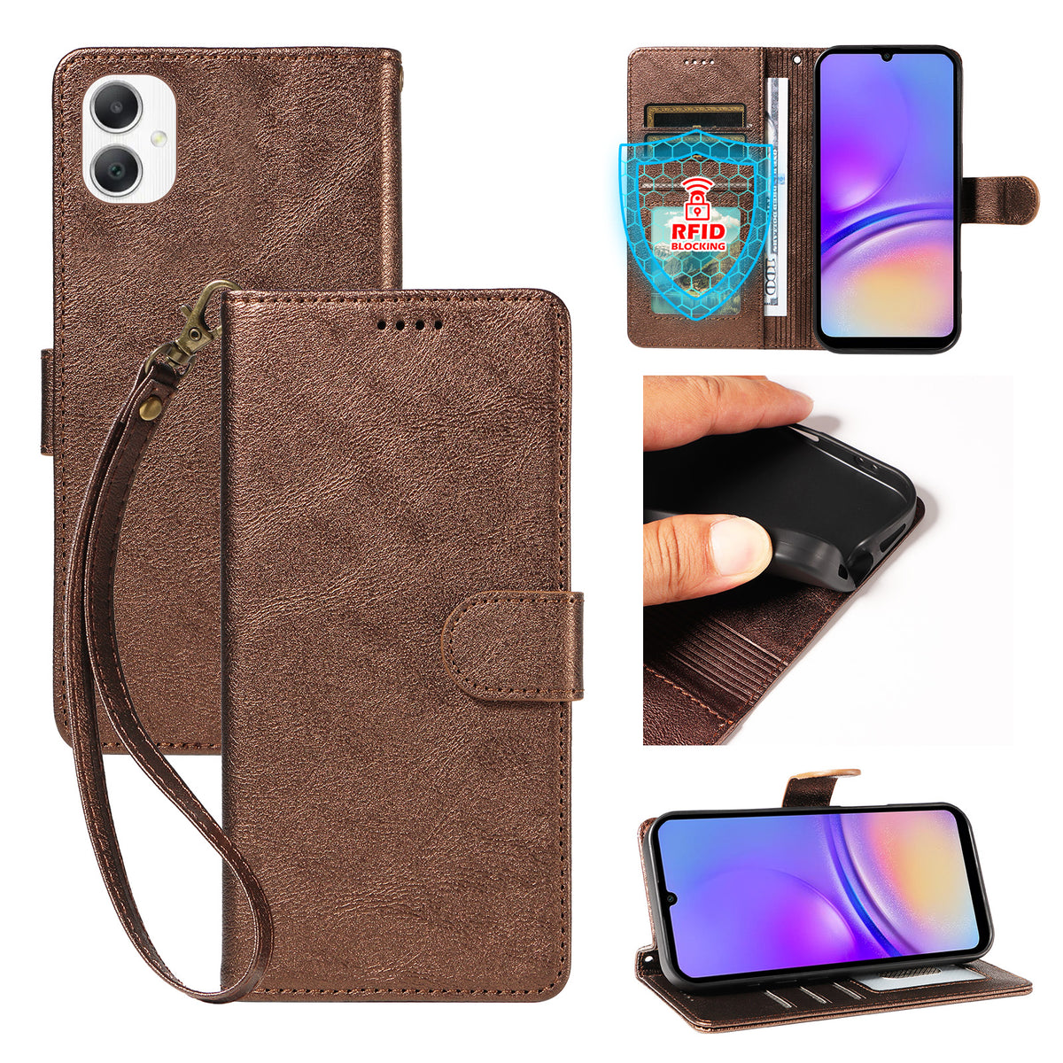 For Samsung Galaxy A08 5G / A08 4G / A07 5G / A06 5G / A06 4G Case with Wrist Strap RFID Blocking Wallet Cowhide Texture Leather Phone Cover