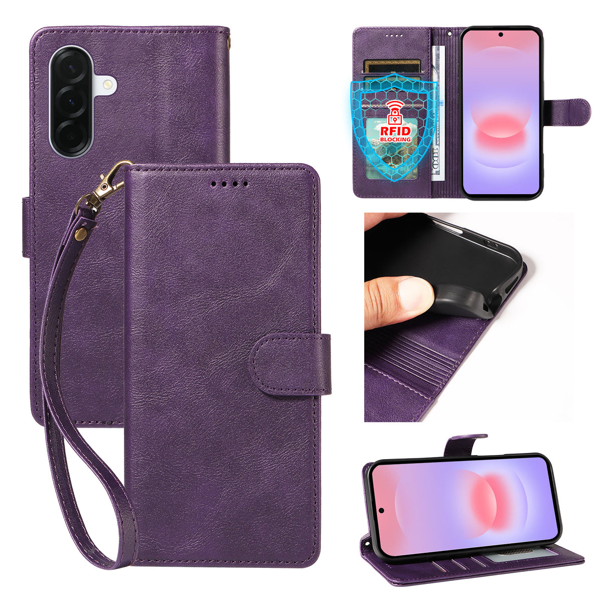 For Samsung Galaxy A37 5G Case with Wrist Strap RFID Blocking Wallet Cowhide Texture Leather Phone Cover