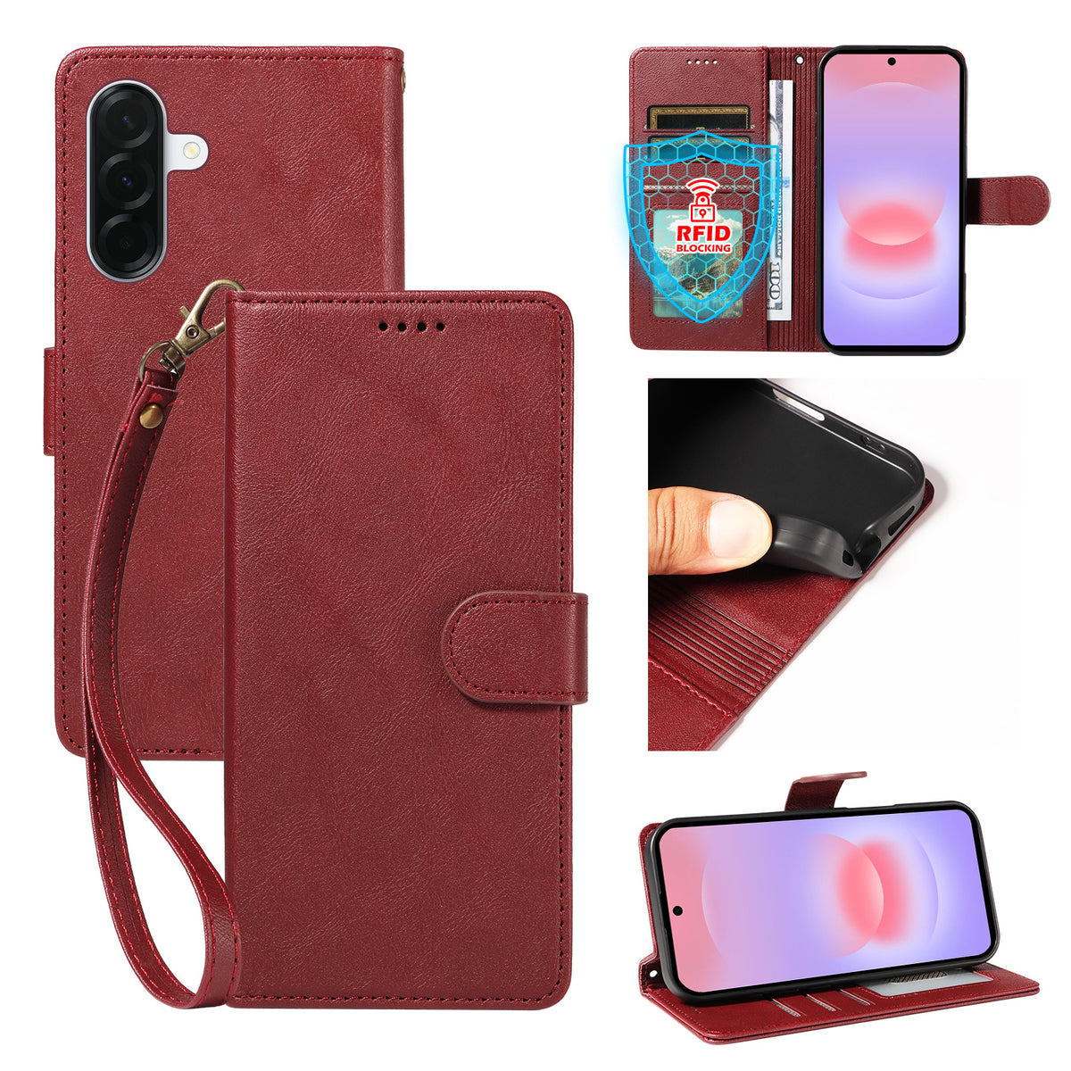 For Samsung Galaxy A37 5G Case with Wrist Strap RFID Blocking Wallet Cowhide Texture Leather Phone Cover