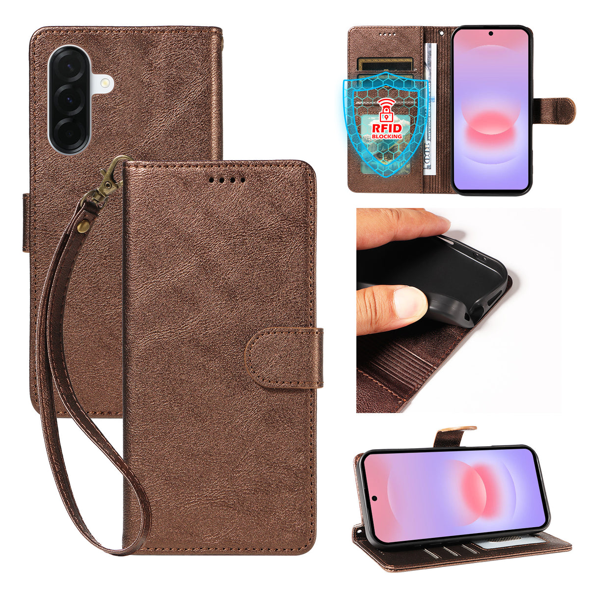 For Samsung Galaxy A37 5G Case with Wrist Strap RFID Blocking Wallet Cowhide Texture Leather Phone Cover