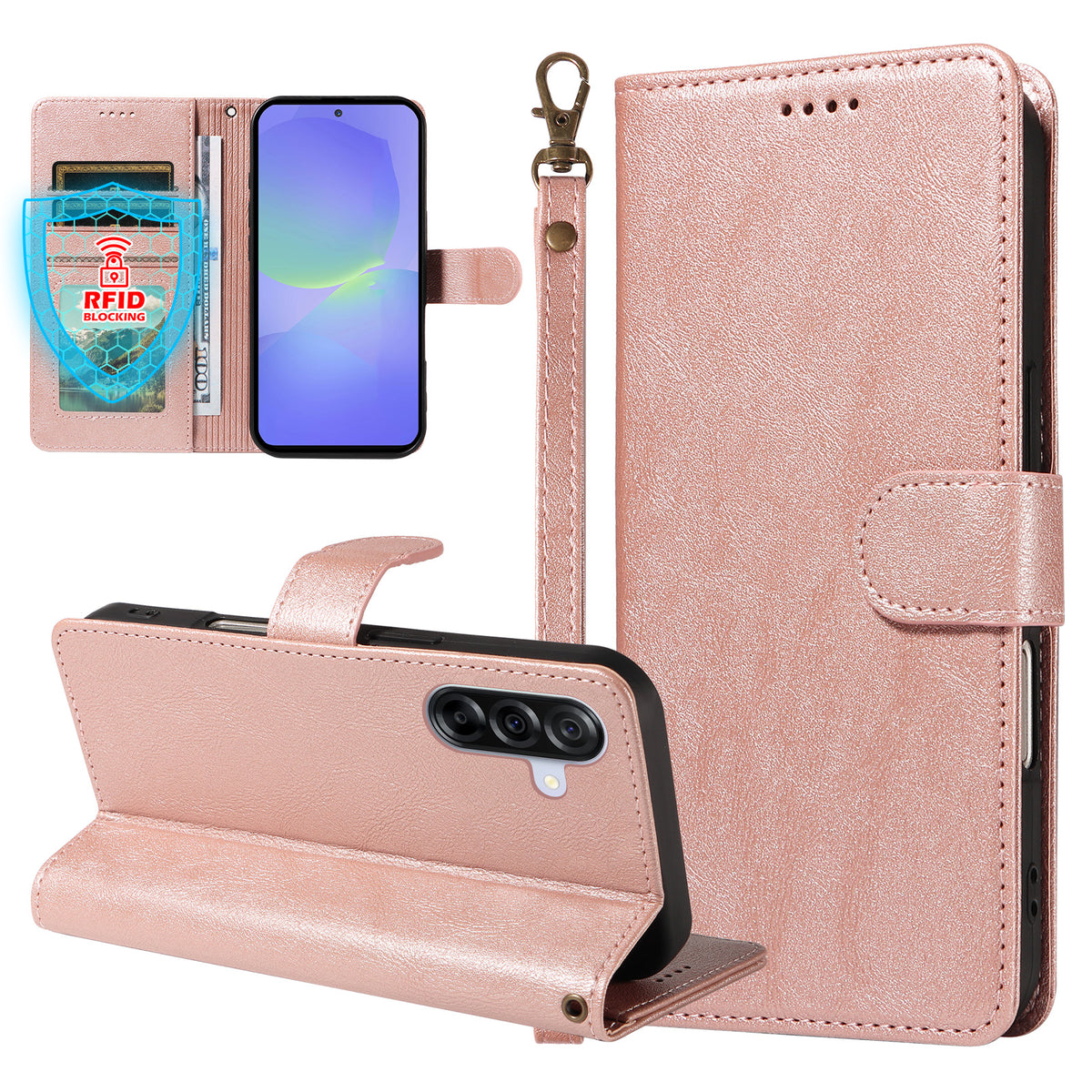 Til Samsung Galaxy A36 5G Etui med Håndledsrem RFID Blokerende Pung Okselæder Tekstur Læder Telefoncover