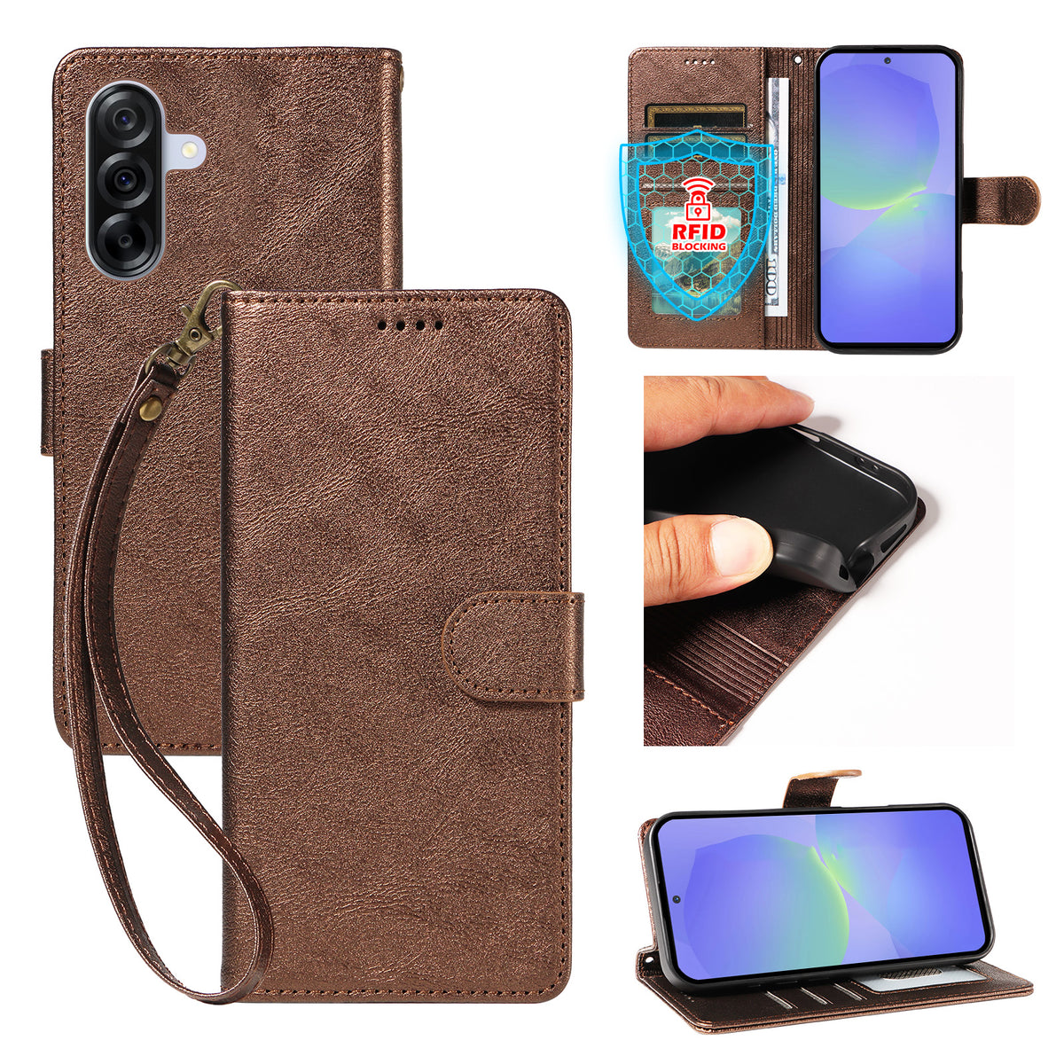 Til Samsung Galaxy A36 5G Etui med Håndledsrem RFID Blokerende Pung Okselæder Tekstur Læder Telefoncover