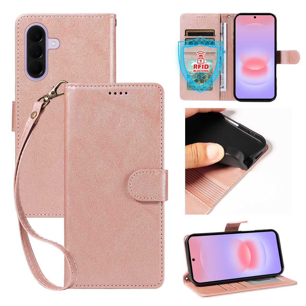 For Samsung Galaxy A27 5G Case with Wrist Strap RFID Blocking Wallet Cowhide Texture Leather Phone Cover