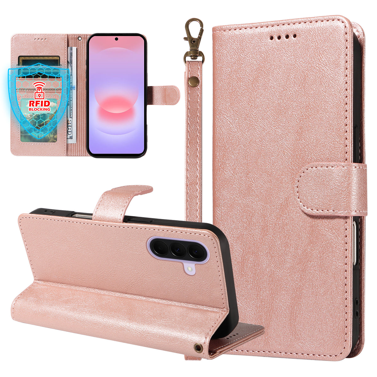 For Samsung Galaxy A27 5G Case with Wrist Strap RFID Blocking Wallet Cowhide Texture Leather Phone Cover