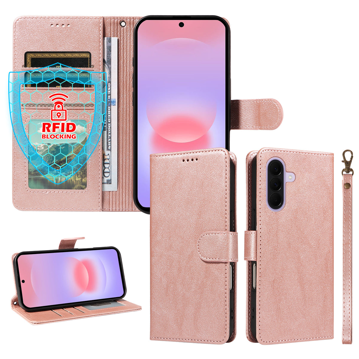 For Samsung Galaxy A27 5G Case with Wrist Strap RFID Blocking Wallet Cowhide Texture Leather Phone Cover