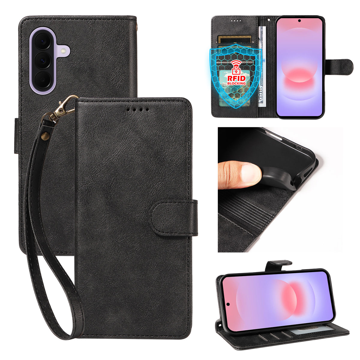 For Samsung Galaxy A27 5G Case with Wrist Strap RFID Blocking Wallet Cowhide Texture Leather Phone Cover