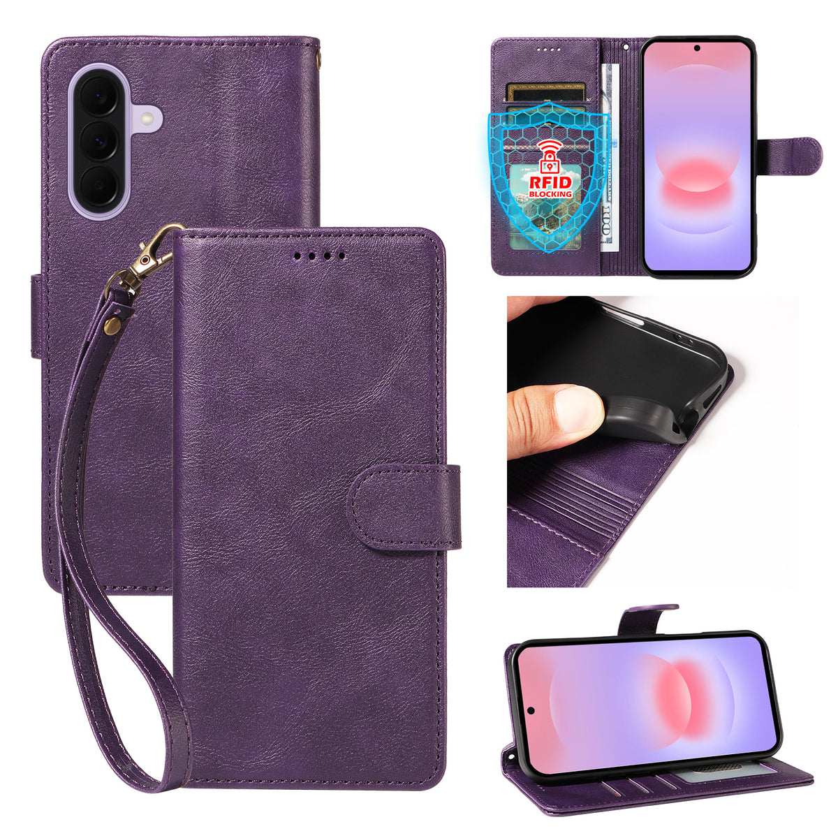 For Samsung Galaxy A27 5G Case with Wrist Strap RFID Blocking Wallet Cowhide Texture Leather Phone Cover