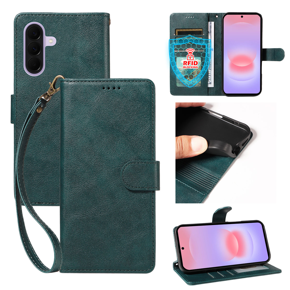 For Samsung Galaxy A27 5G Case with Wrist Strap RFID Blocking Wallet Cowhide Texture Leather Phone Cover