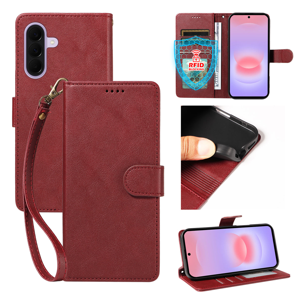 For Samsung Galaxy A27 5G Case with Wrist Strap RFID Blocking Wallet Cowhide Texture Leather Phone Cover