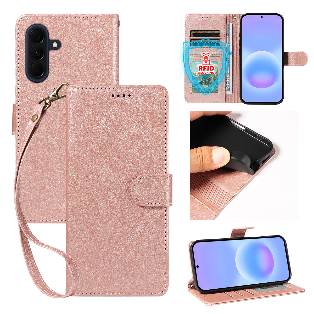 Til Samsung Galaxy A57 5G etui med håndledsrem RFID-blokerende pung lædertelefoncover med koskindstekstur