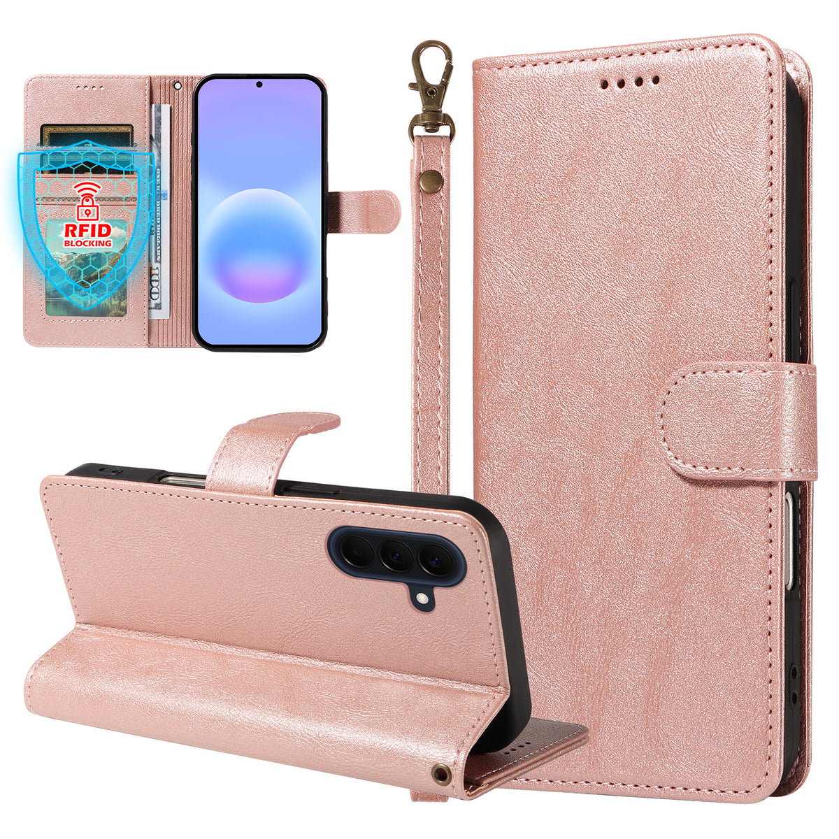 Til Samsung Galaxy A57 5G etui med håndledsrem RFID-blokerende pung lædertelefoncover med koskindstekstur