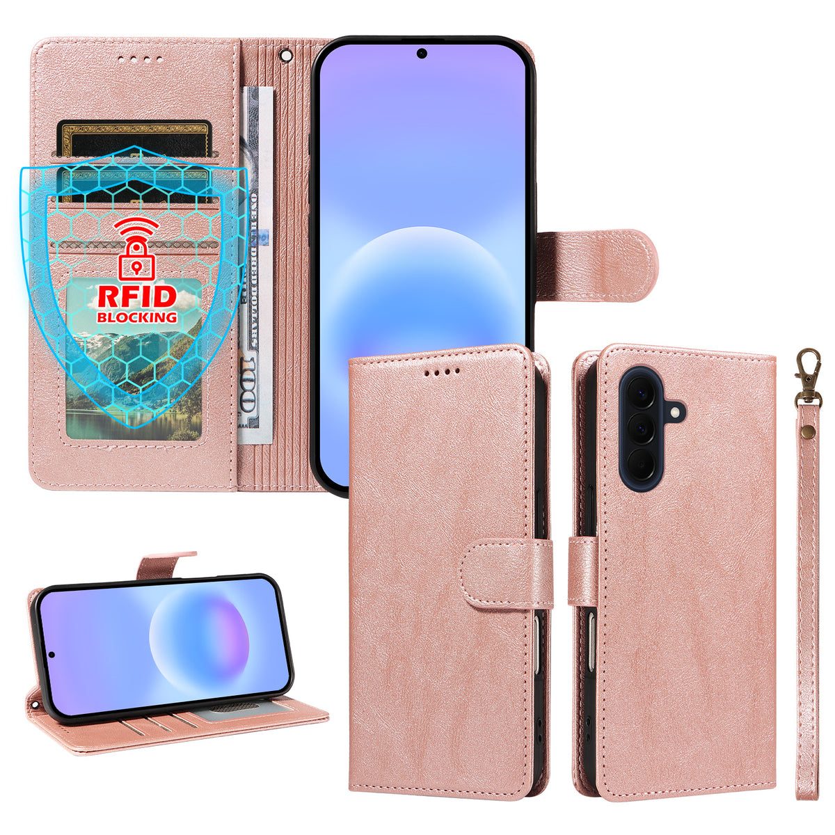 Til Samsung Galaxy A57 5G etui med håndledsrem RFID-blokerende pung lædertelefoncover med koskindstekstur