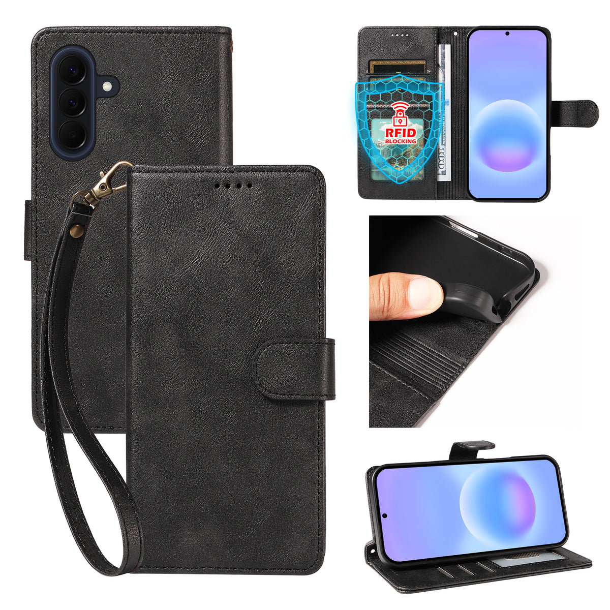 Til Samsung Galaxy A57 5G etui med håndledsrem RFID-blokerende pung lædertelefoncover med koskindstekstur