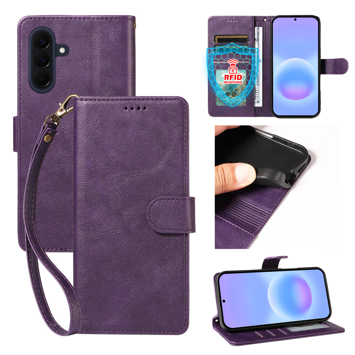 Til Samsung Galaxy A57 5G etui med håndledsrem RFID-blokerende pung lædertelefoncover med koskindstekstur