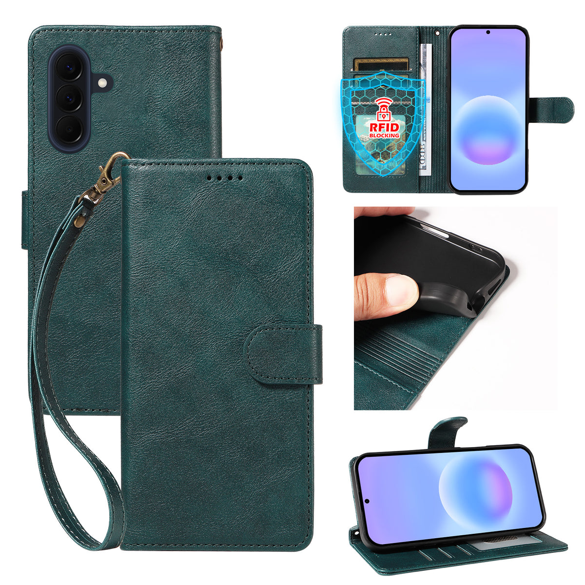 Til Samsung Galaxy A57 5G etui med håndledsrem RFID-blokerende pung lædertelefoncover med koskindstekstur