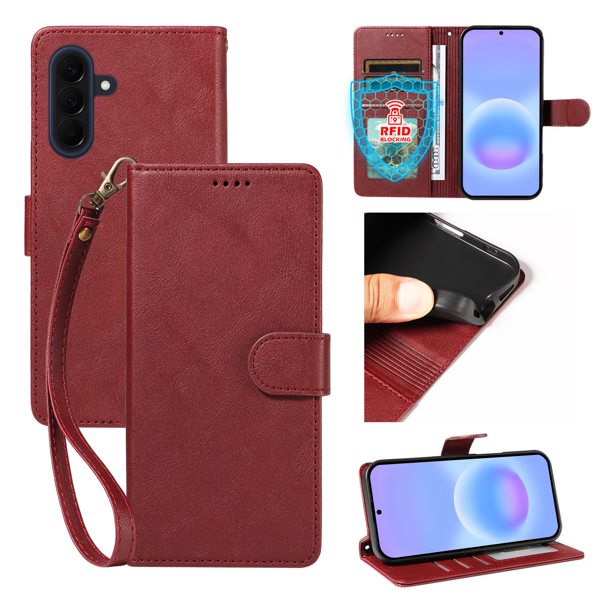 Til Samsung Galaxy A57 5G etui med håndledsrem RFID-blokerende pung lædertelefoncover med koskindstekstur