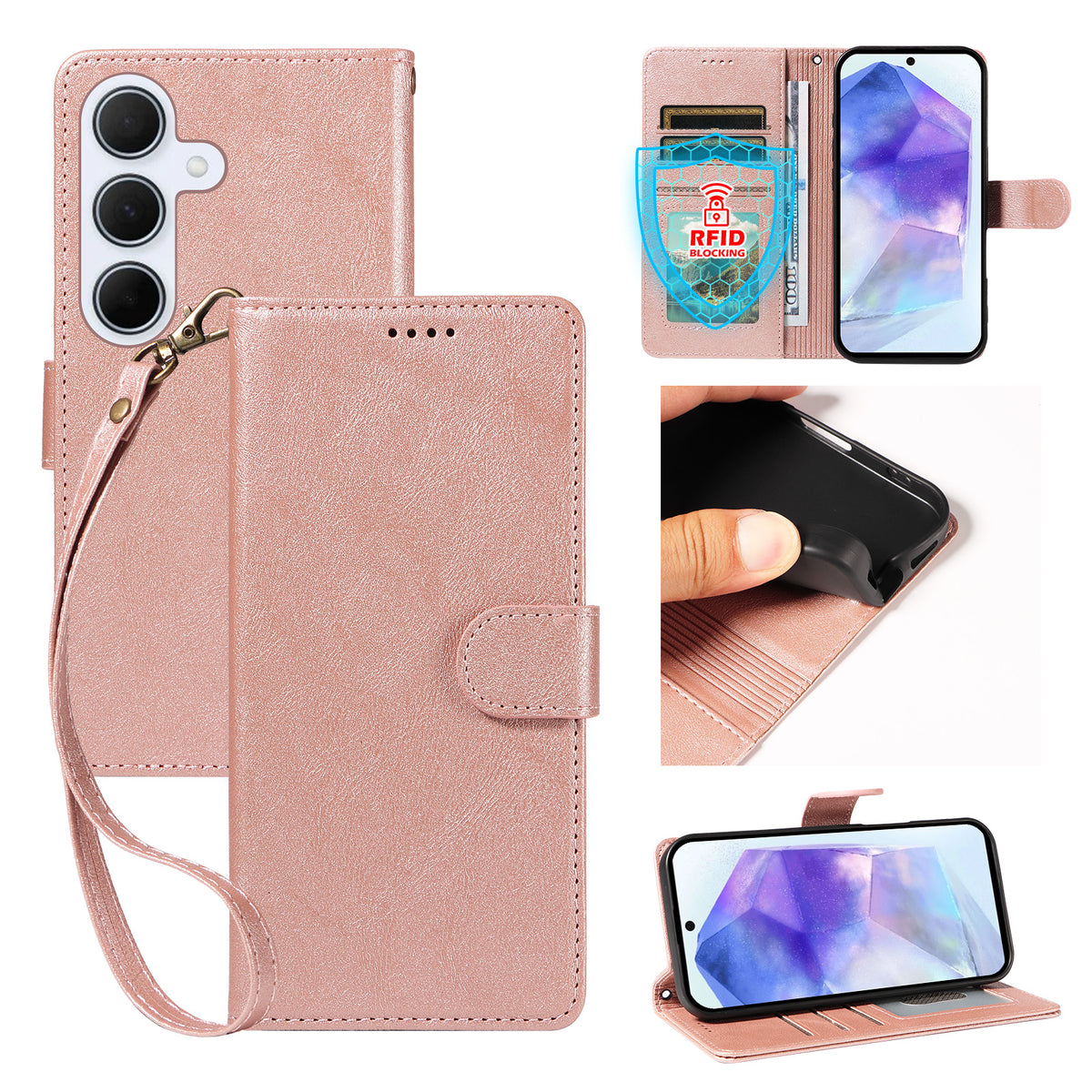 Til Samsung Galaxy A55 5G Cover med Håndledsrem RFID Blokerende Pung i Koskindstekstur Læder Telefoncover