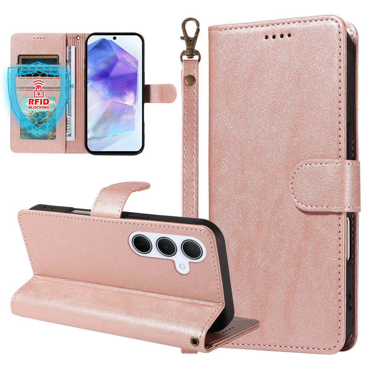 Til Samsung Galaxy A55 5G Cover med Håndledsrem RFID Blokerende Pung i Koskindstekstur Læder Telefoncover
