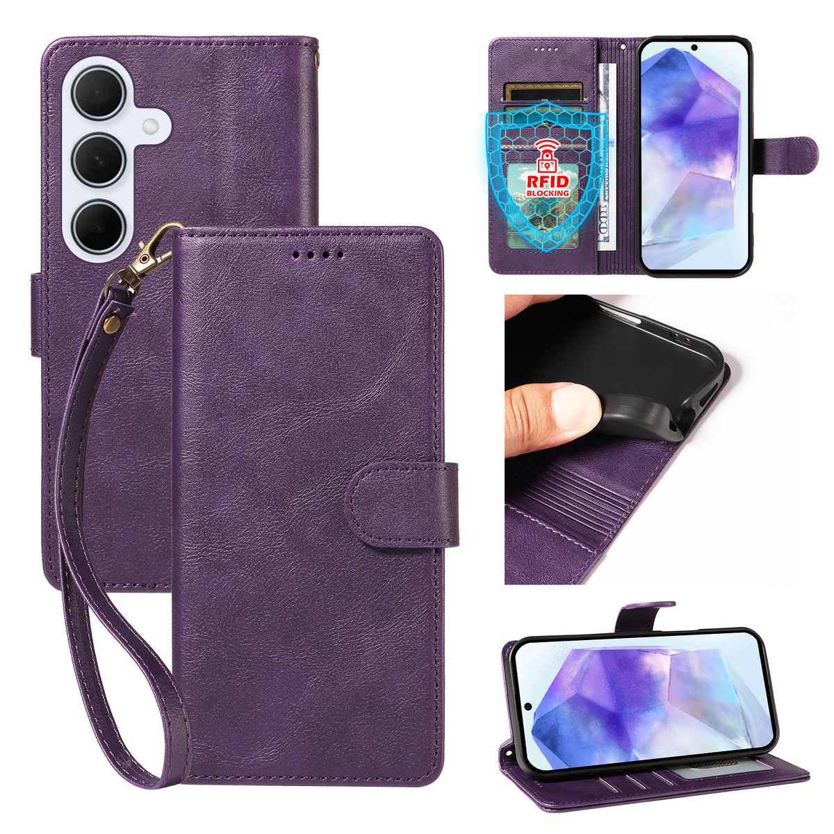 Til Samsung Galaxy A55 5G Cover med Håndledsrem RFID Blokerende Pung i Koskindstekstur Læder Telefoncover
