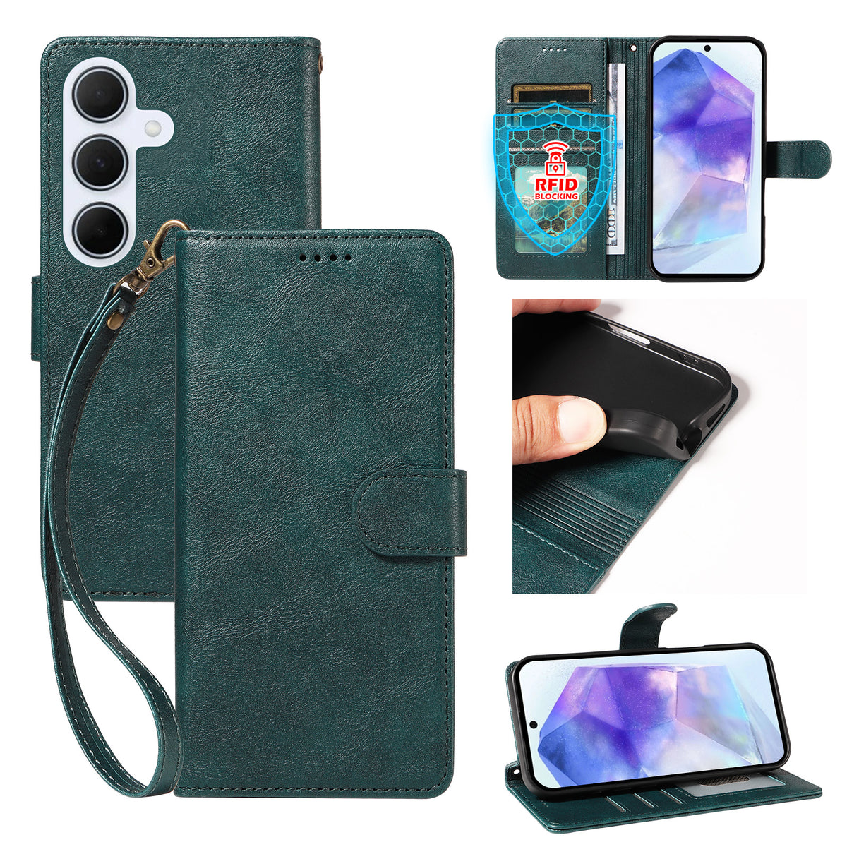 Til Samsung Galaxy A55 5G Cover med Håndledsrem RFID Blokerende Pung i Koskindstekstur Læder Telefoncover