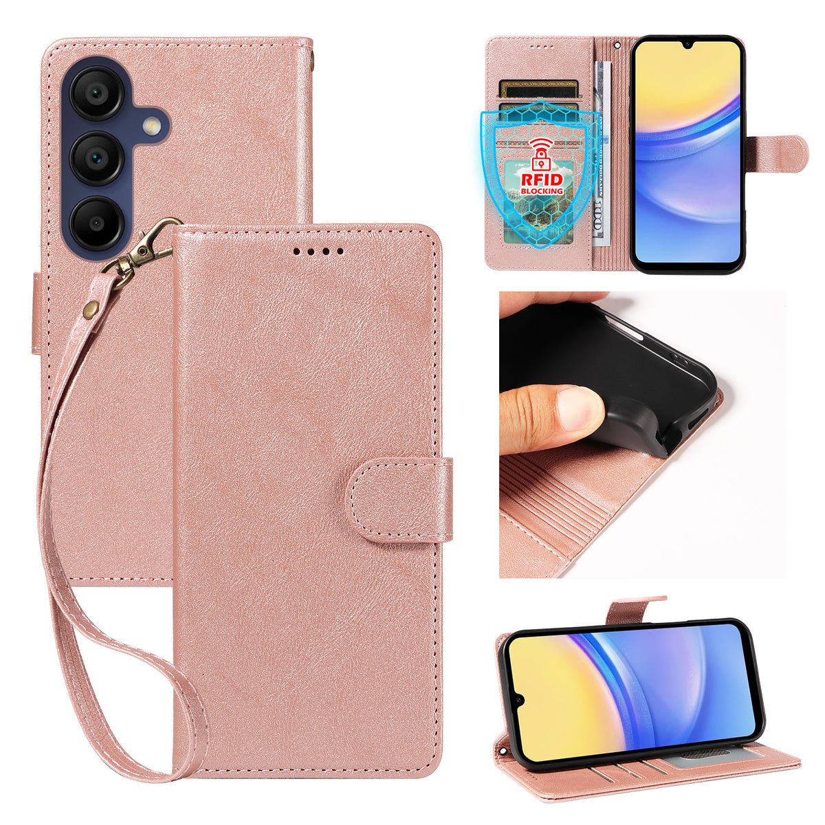 Til Samsung Galaxy A15 5G / Galaxy A15 4G Cover med Håndrem RFID Blokerende Pung Lædertelefoncover i Kohudstruktur