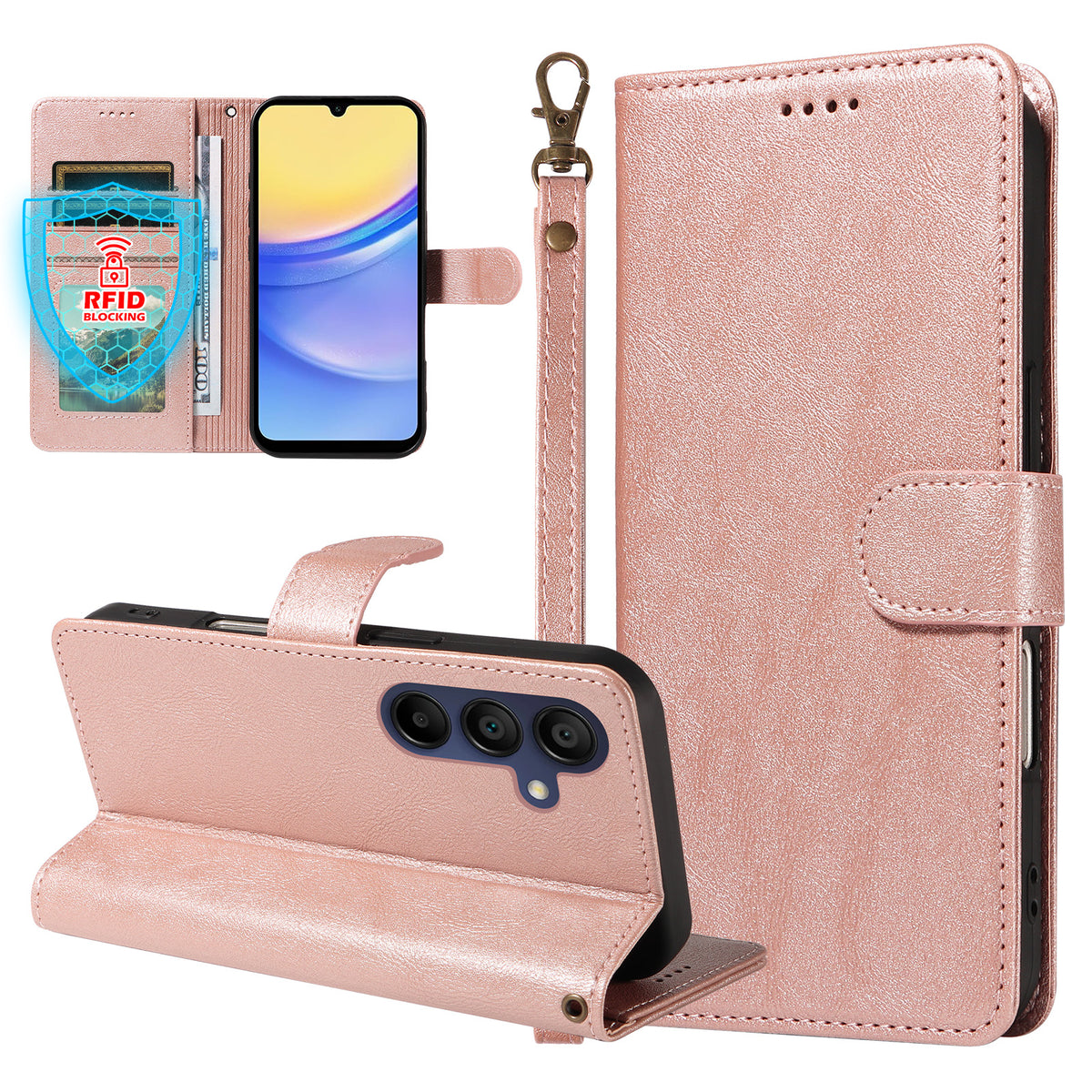 Til Samsung Galaxy A15 5G / Galaxy A15 4G Cover med Håndrem RFID Blokerende Pung Lædertelefoncover i Kohudstruktur