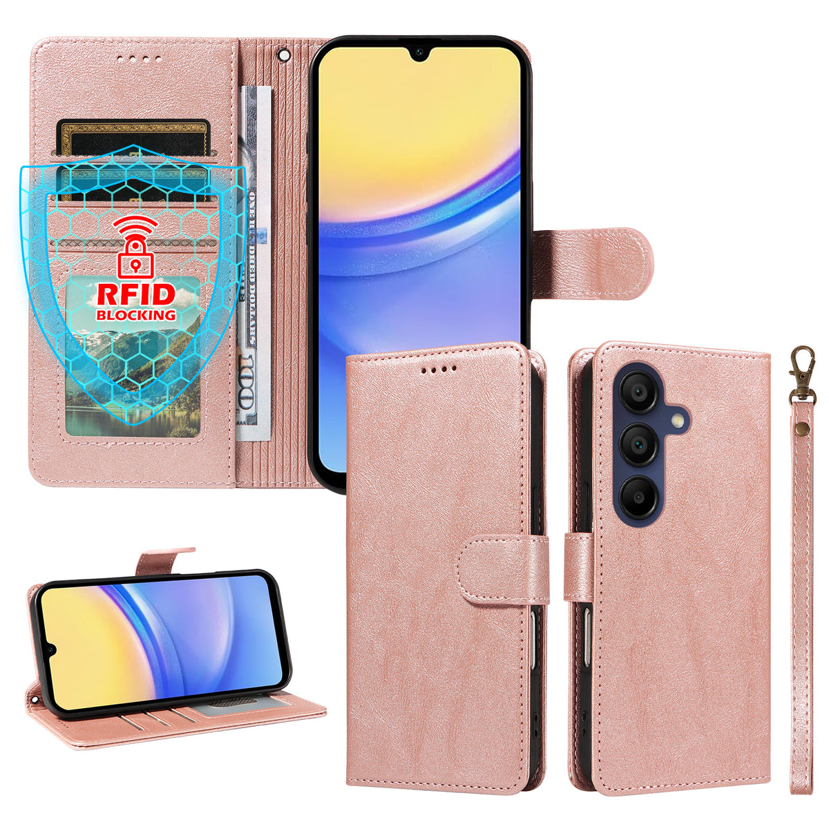 Til Samsung Galaxy A15 5G / Galaxy A15 4G Cover med Håndrem RFID Blokerende Pung Lædertelefoncover i Kohudstruktur