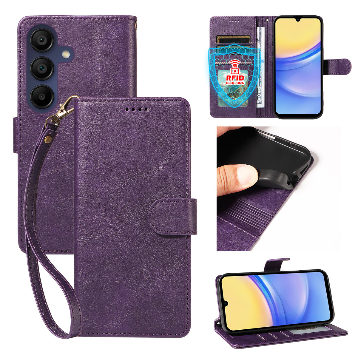 Til Samsung Galaxy A15 5G / Galaxy A15 4G Cover med Håndrem RFID Blokerende Pung Lædertelefoncover i Kohudstruktur