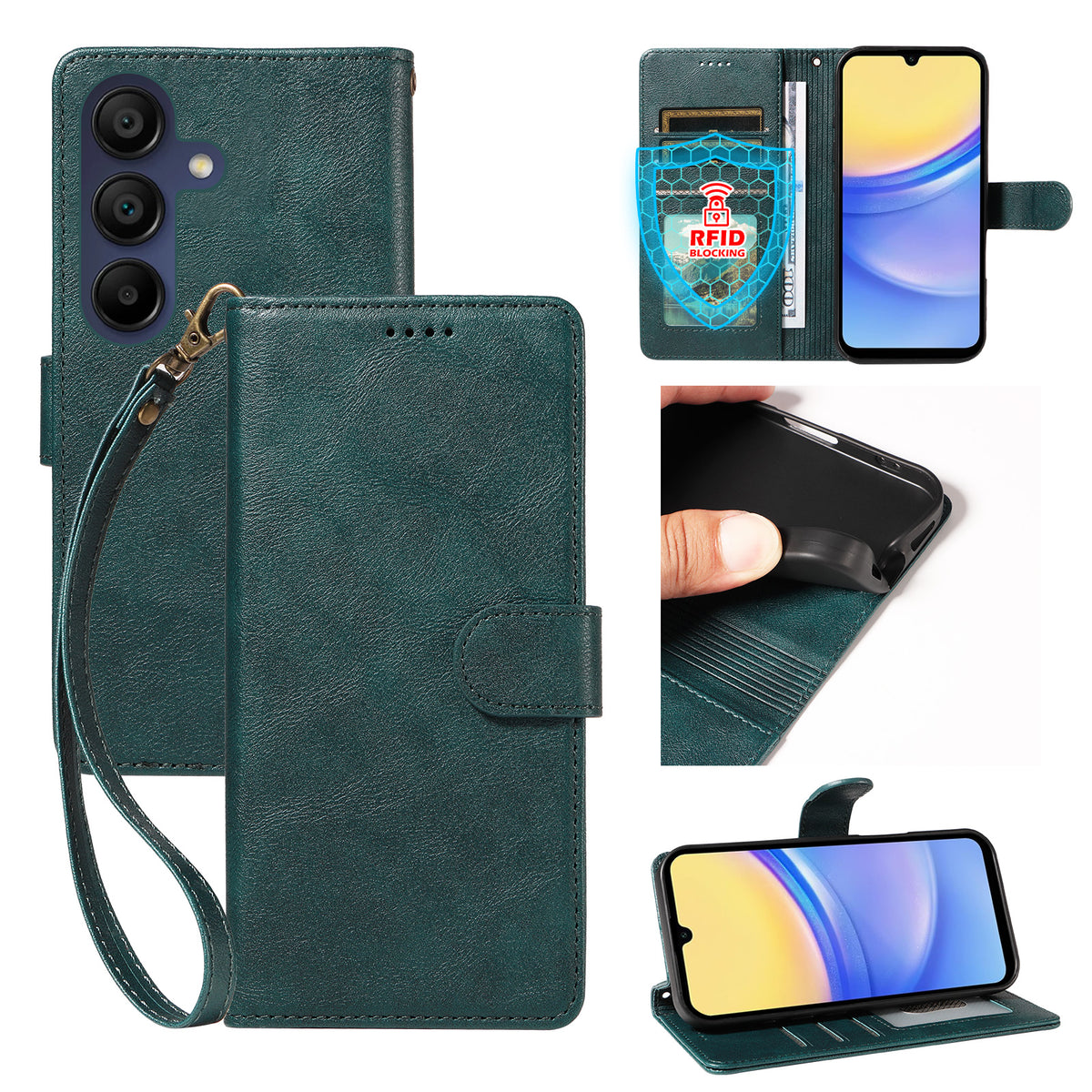 Til Samsung Galaxy A15 5G / Galaxy A15 4G Cover med Håndrem RFID Blokerende Pung Lædertelefoncover i Kohudstruktur