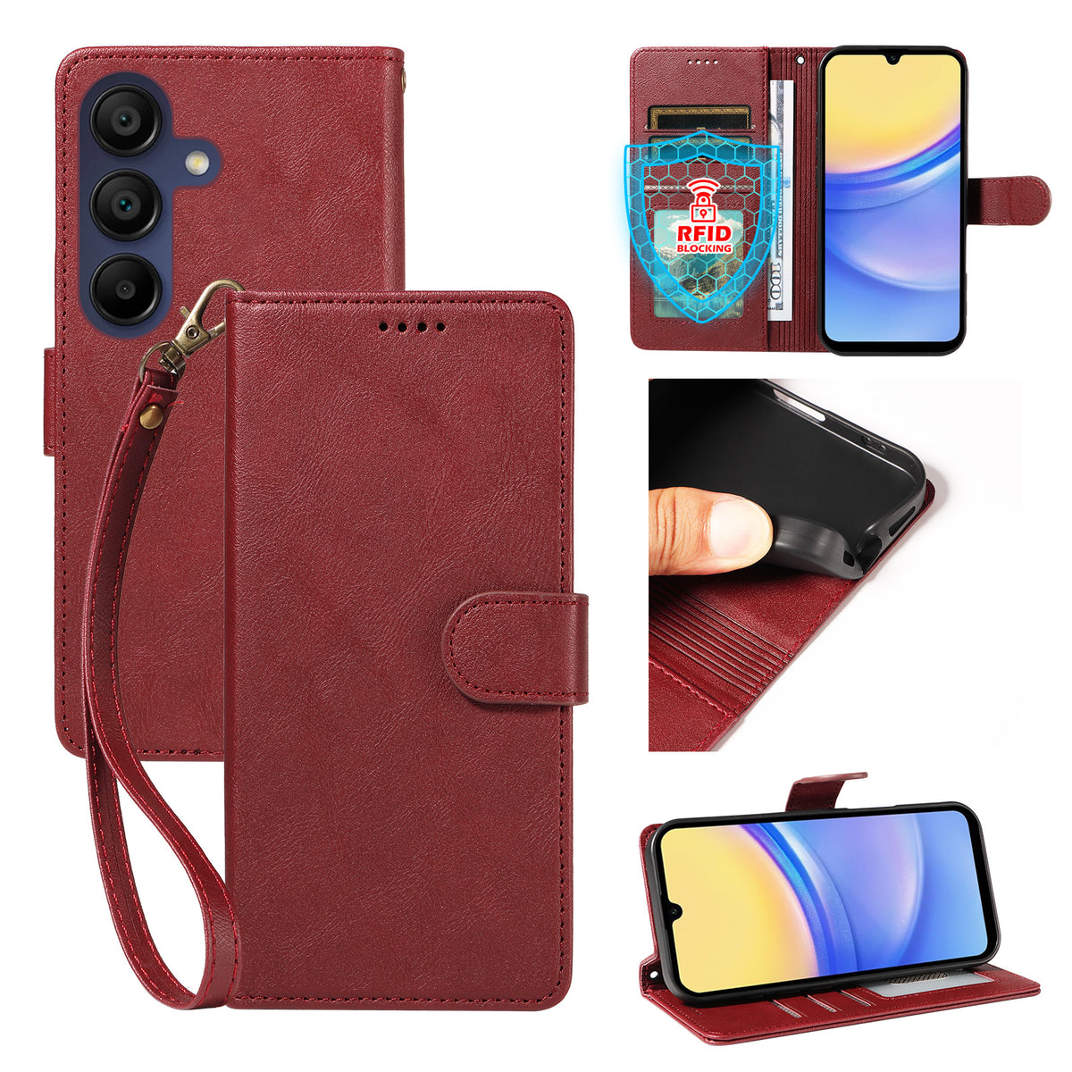 Til Samsung Galaxy A15 5G / Galaxy A15 4G Cover med Håndrem RFID Blokerende Pung Lædertelefoncover i Kohudstruktur