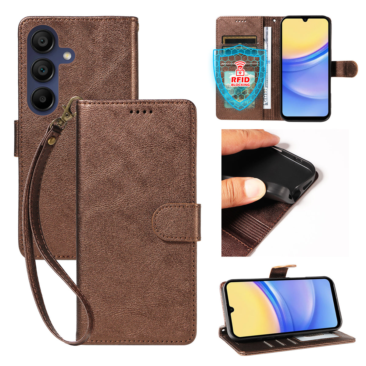 Til Samsung Galaxy A15 5G / Galaxy A15 4G Cover med Håndrem RFID Blokerende Pung Lædertelefoncover i Kohudstruktur