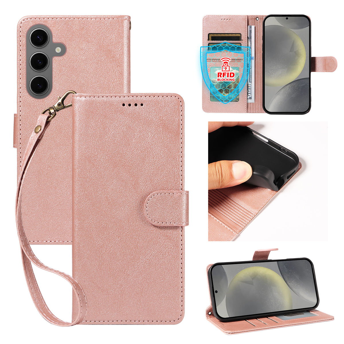For Samsung Galaxy S24 / Galaxy S25 Case with Wrist Strap RFID Blocking Wallet Cowhide Texture Leather Phone Cover