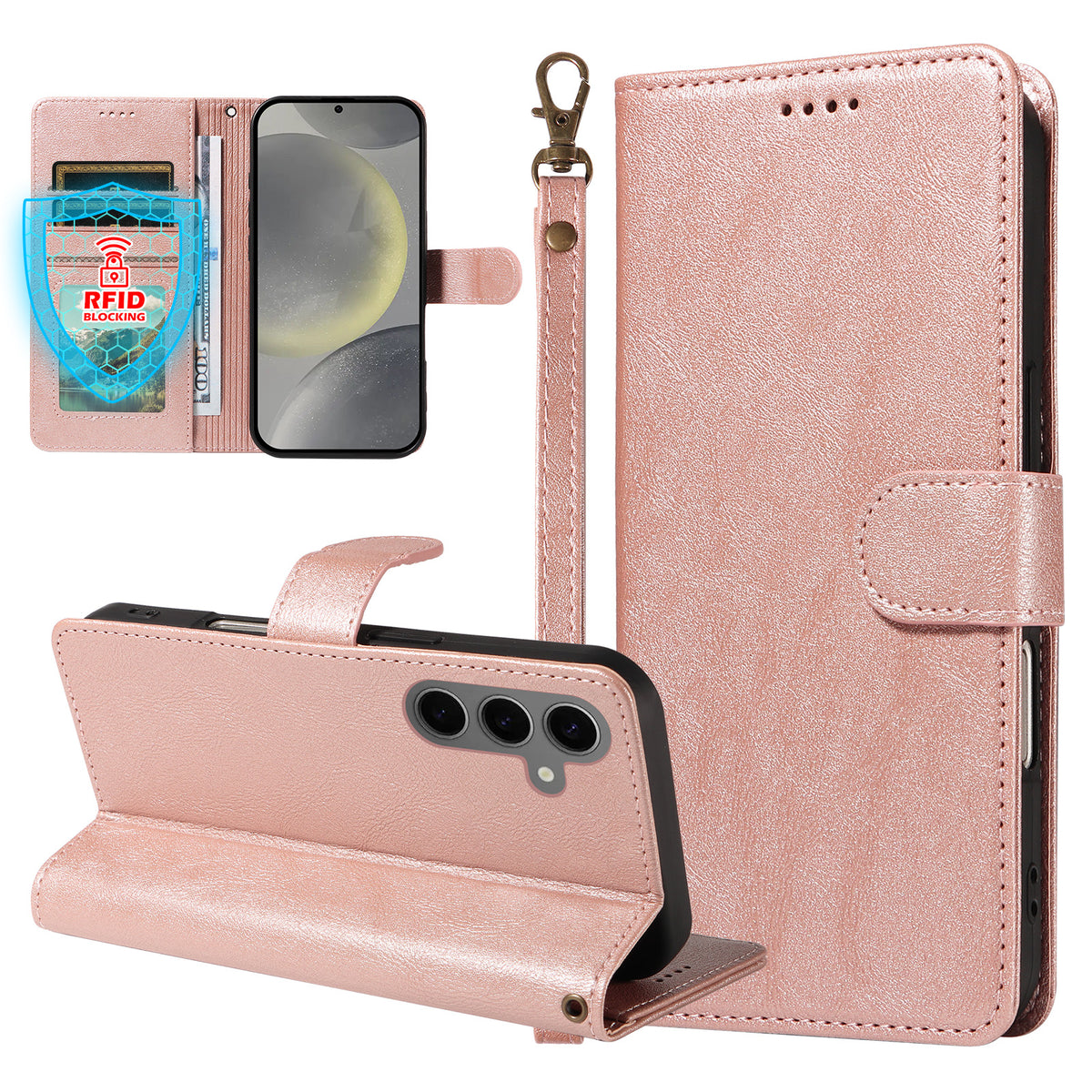 For Samsung Galaxy S24 / Galaxy S25 Case with Wrist Strap RFID Blocking Wallet Cowhide Texture Leather Phone Cover