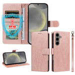 For Samsung Galaxy S24 / Galaxy S25 Case with Wrist Strap RFID Blocking Wallet Cowhide Texture Leather Phone Cover