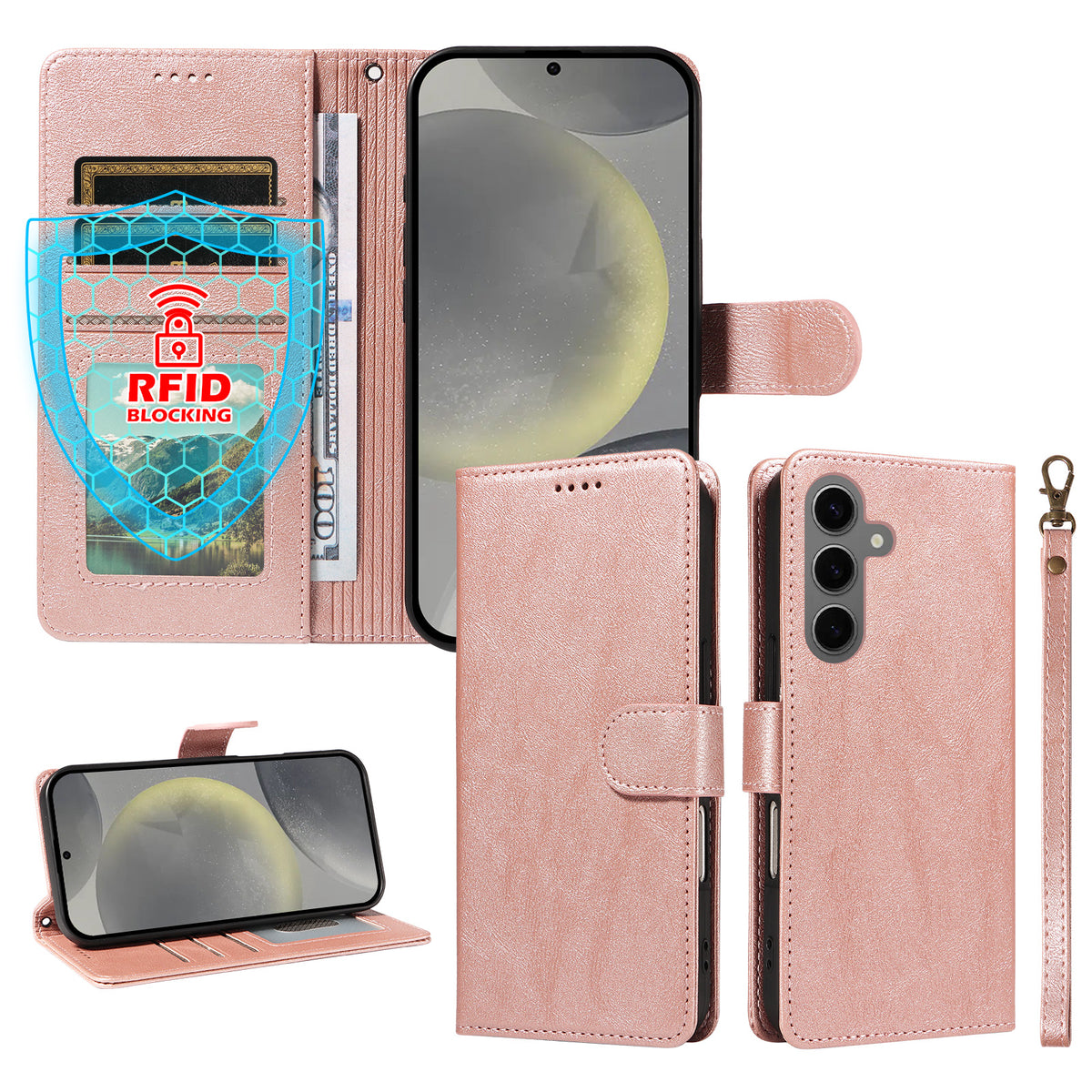 For Samsung Galaxy S24 / Galaxy S25 Case with Wrist Strap RFID Blocking Wallet Cowhide Texture Leather Phone Cover