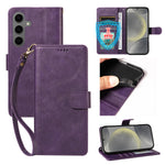 For Samsung Galaxy S24 / Galaxy S25 Case with Wrist Strap RFID Blocking Wallet Cowhide Texture Leather Phone Cover